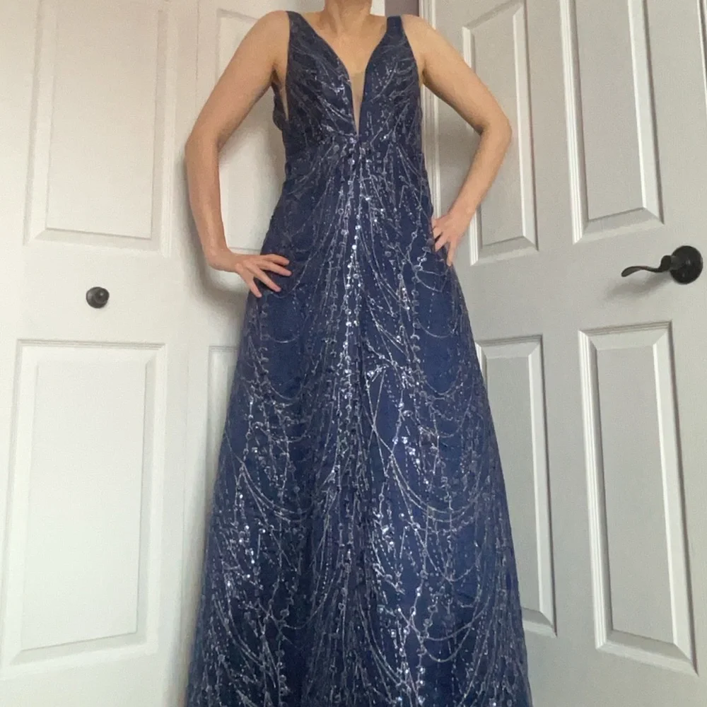 Full Length Navy Glitter Tulle and Satin Gown - Picture 11 of 15